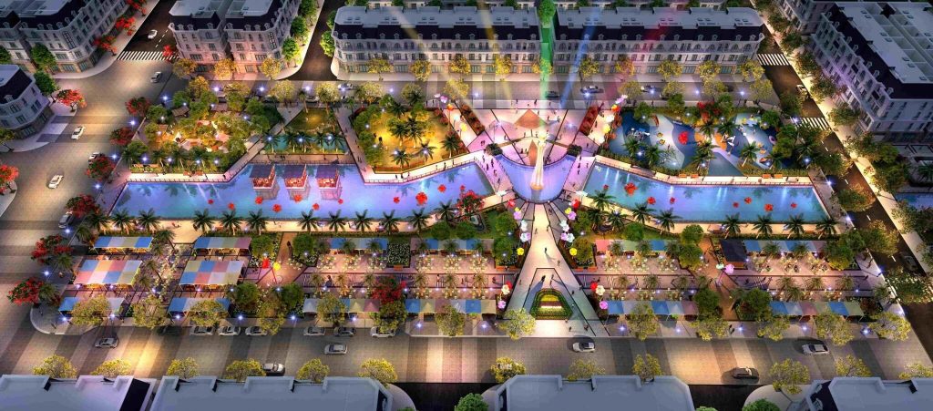 Quảng trường Vương Miện, phố đi bộ, hồ cảnh quan, chòi vọng cảnh,…tại Hoàng Huy New City
