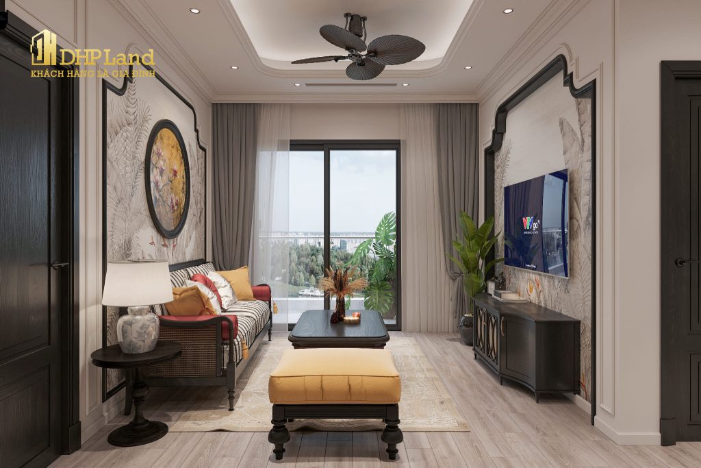 Hình ảnh thiết kế phòng khách phong cách Indochine tại Chung cư Hoàng Huy New City
