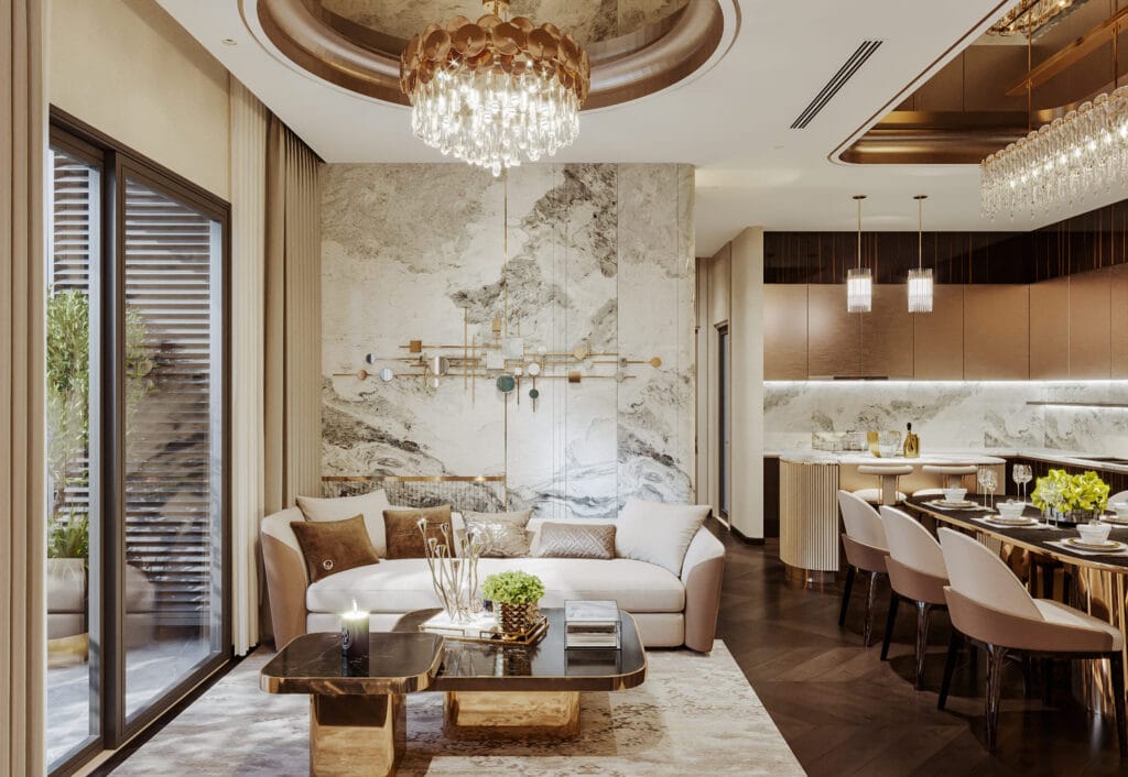 Chung cư Hoàng Huy New City - thiết kế phòng khách thông với phòng bếp - Phong cách luxury tại Chung cư Hoàng Huy New City