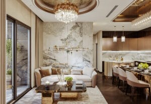 Chung cư Hoàng Huy New City - thiết kế phòng khách thông với phòng bếp - Phong cách luxury tại Chung cư Hoàng Huy New City