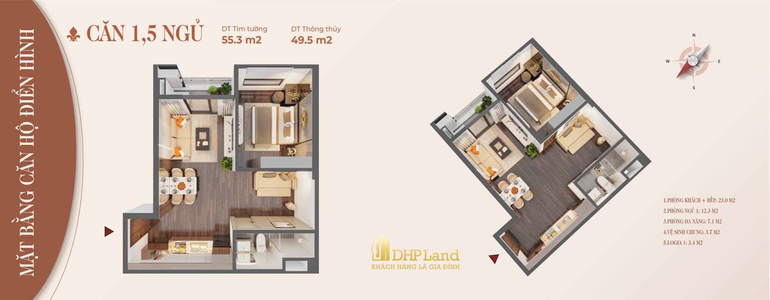 thiết kế 1.5 phòng ngủ dự án Rose Residence Hoàng huy commerce