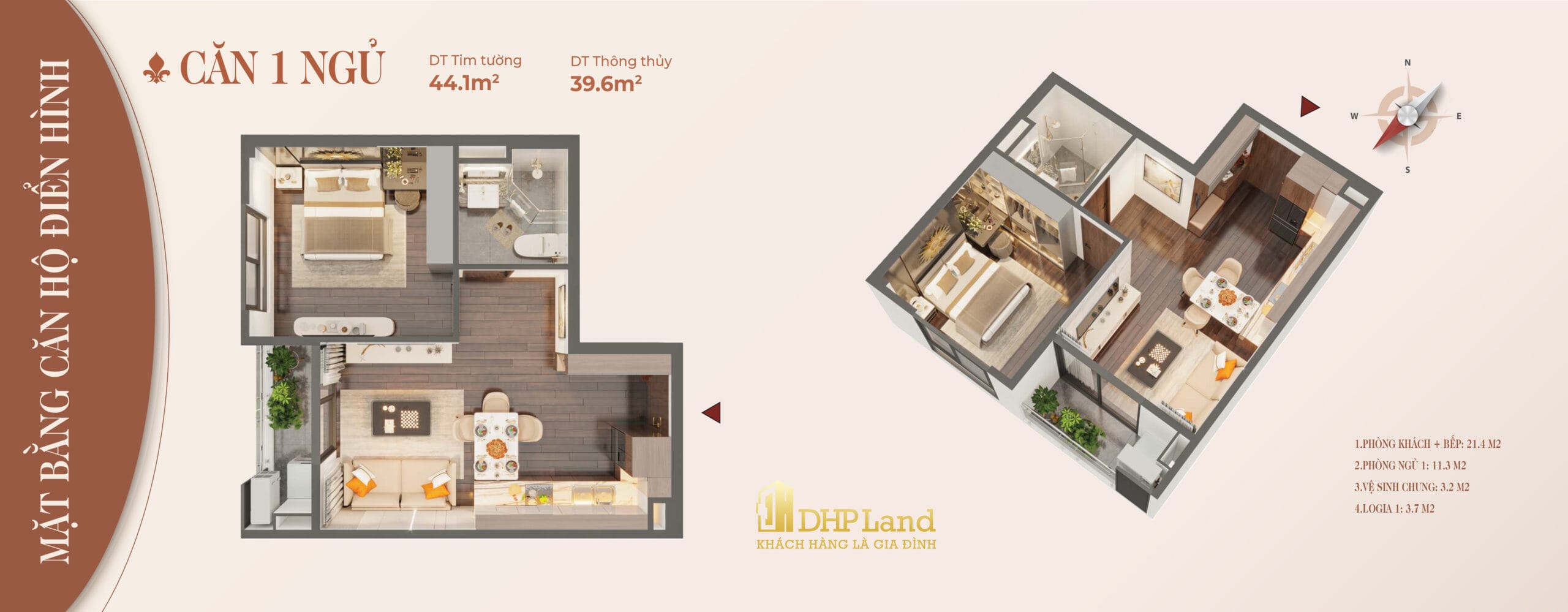 thiết kế 1 phòng ngủ dự án Rose Residence Hoàng huy commerce
