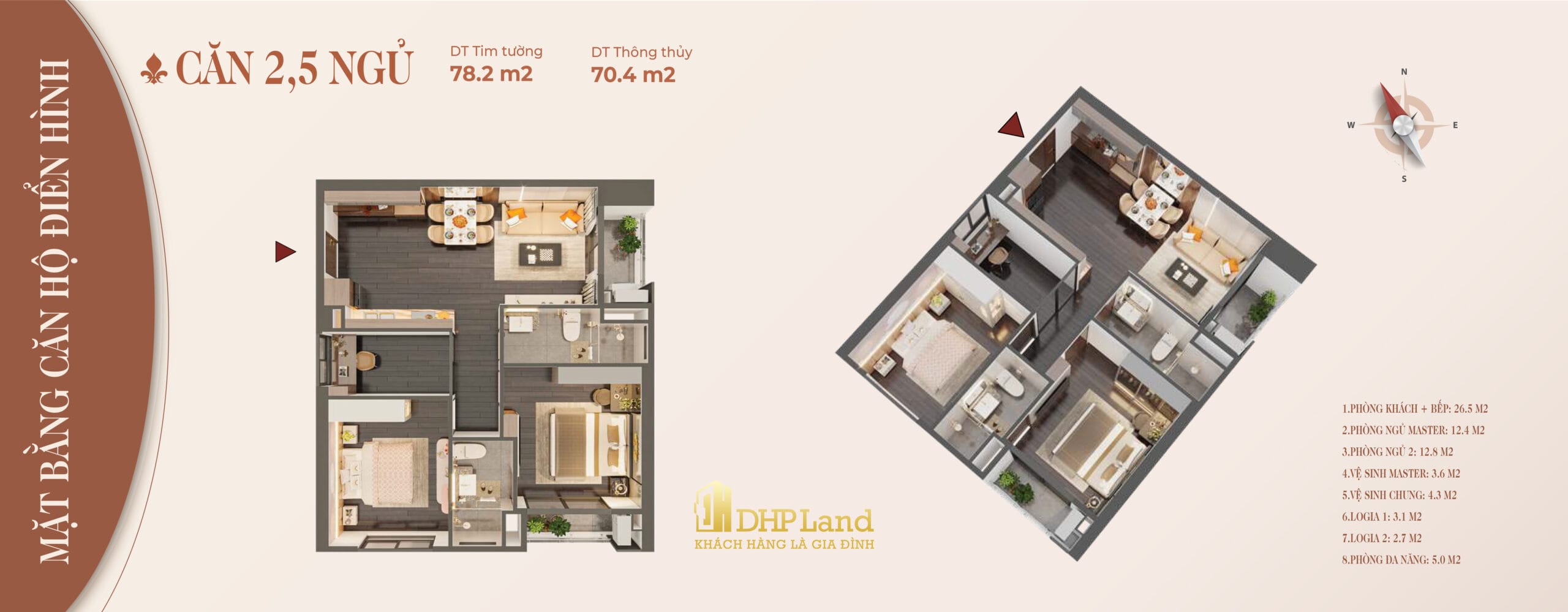 thiết kế 2.5 phòng ngủ dự án Rose Residence Hoàng huy commerce