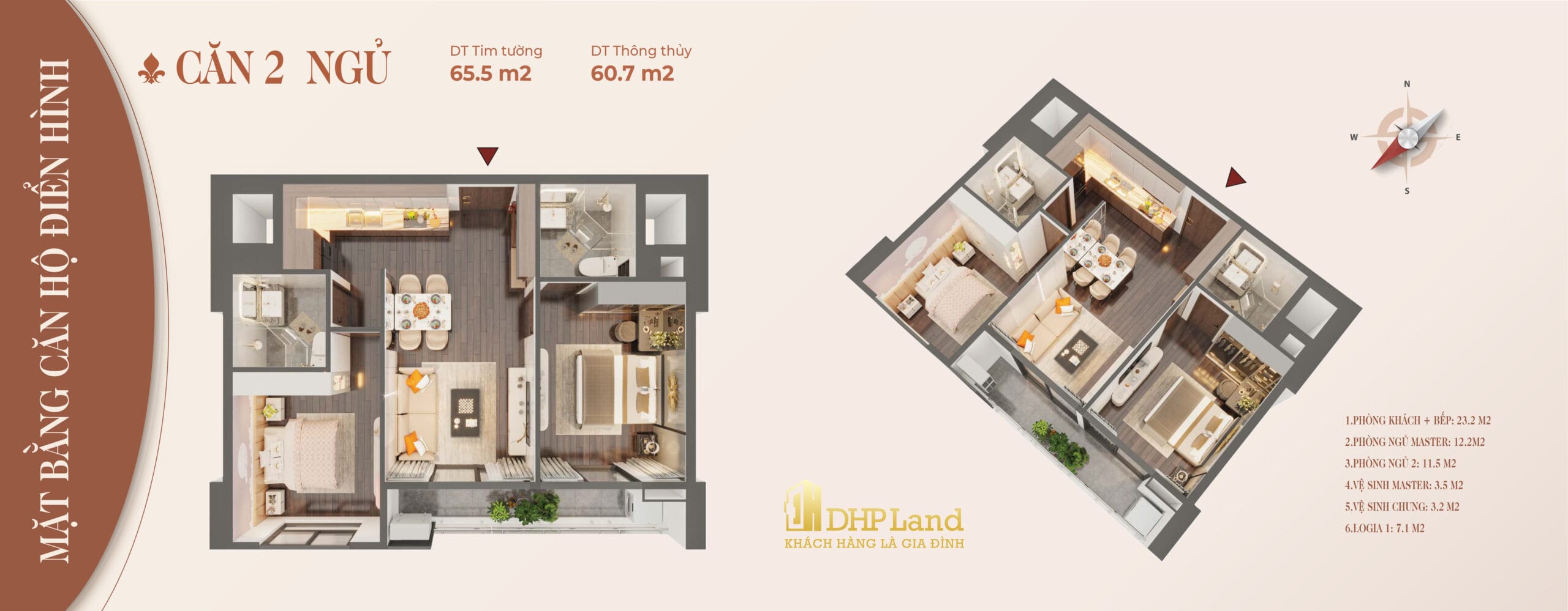 thiết kế 2 phòng ngủ dự án Rose Residence Hoàng huy commerce