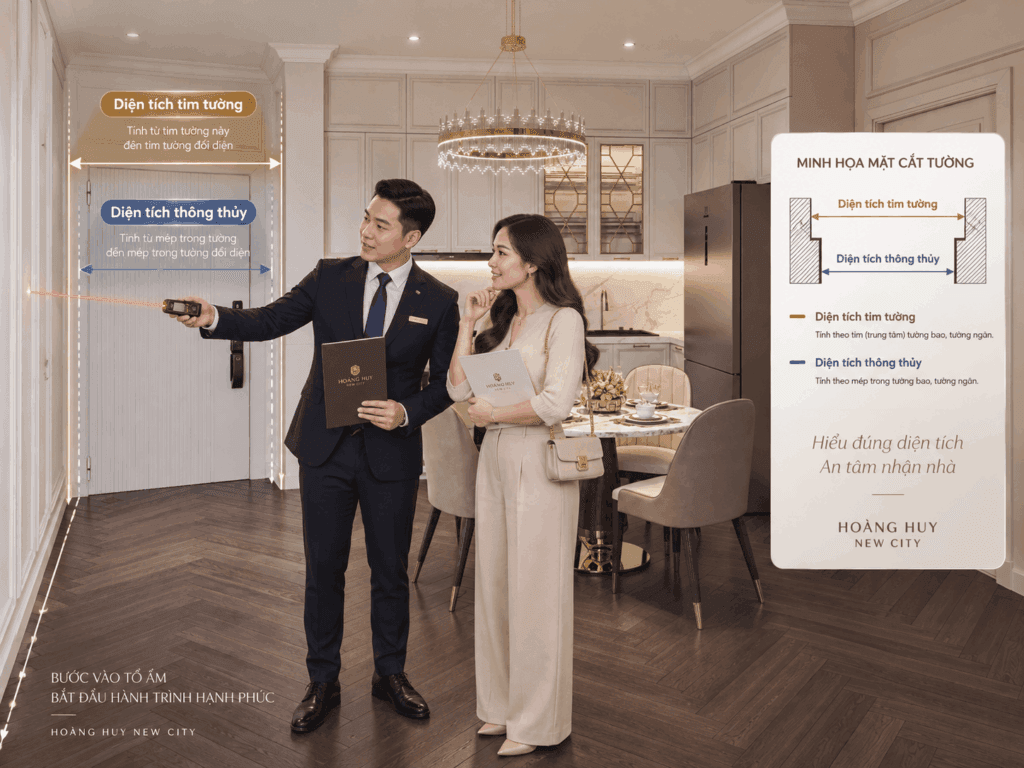 Chuyên viên hướng dẫn khách hàng cách đo đạc và phân biệt diện tích thông thủy và tim tường khi nhận bàn giao chung cư Hoàng Huy New City